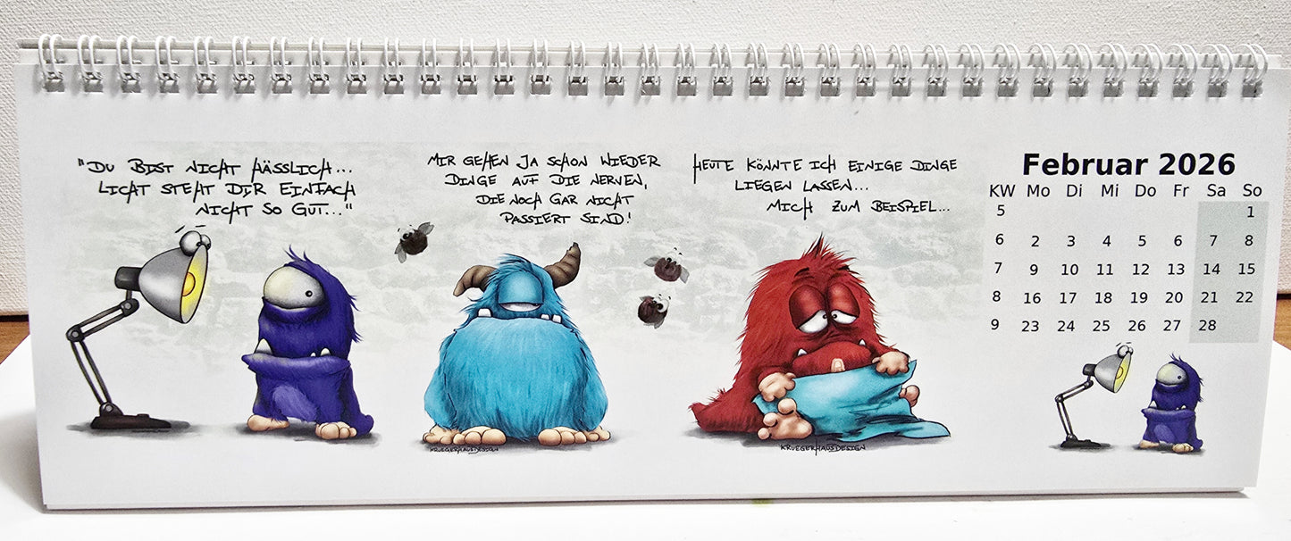 Kalender Tischkalender Neu 2026 breit Monster 30cmx10,5cm