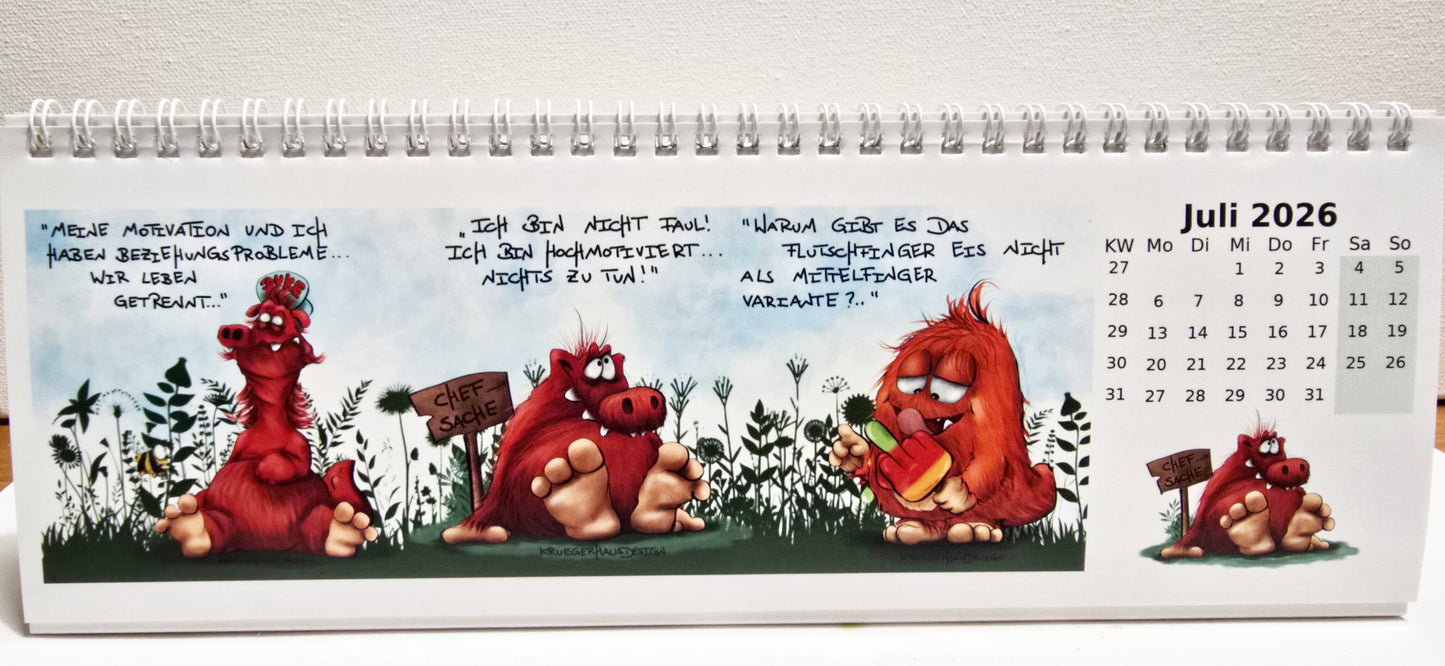 Kalender Tischkalender Neu 2026 breit Monster 30cmx10,5cm