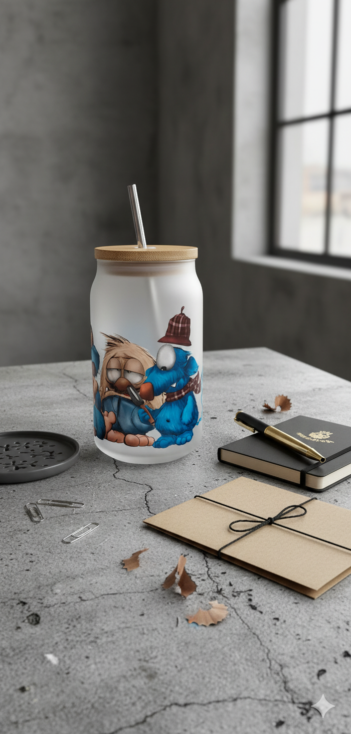 Geschenk Set aus Trinkglas mit Monster, Kalender und Postkarte, Einzigartig in blau