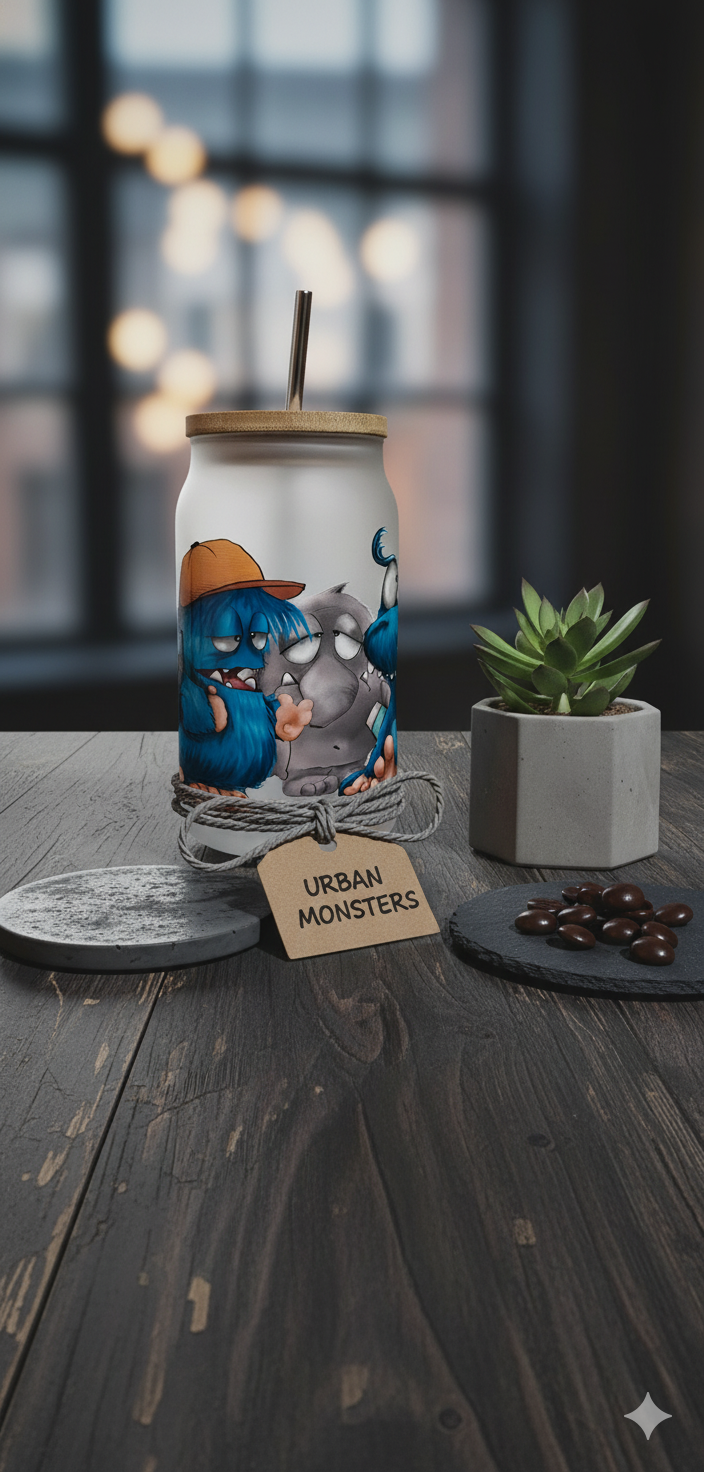 Geschenk Set aus Trinkglas mit Monster, Kalender und Postkarte, Einzigartig in blau