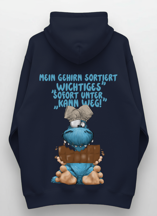 FINAL SALE – Monster Hoodie Navy „Mein Gehirn sortiert Wichtiges“ | Größe L