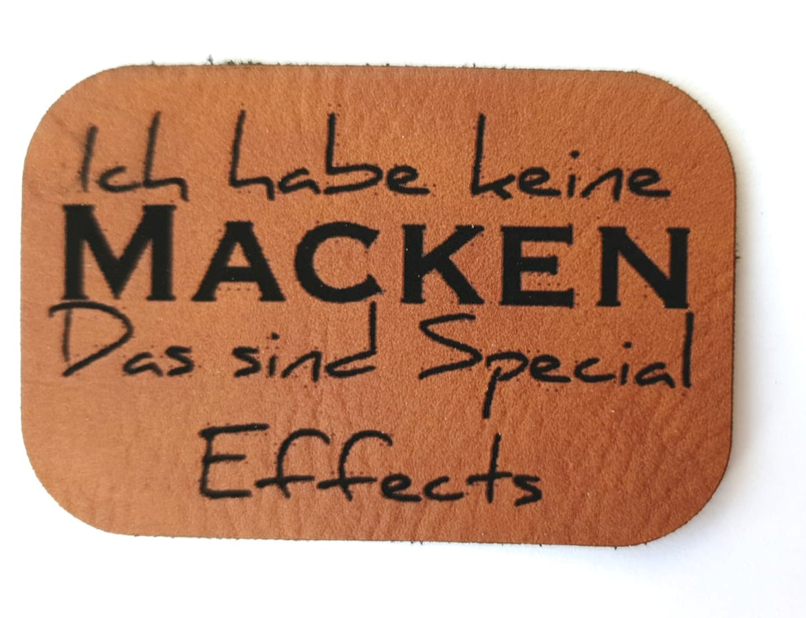 Kunstleder Label, Patch, Etikett, Aufnäher, Ich habe keine Macken, Laser graviert, braun, grau, beigebraun, bambus, schwarz