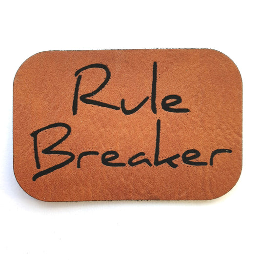 Kunstleder Label, Patch, Etikett, Aufnäher, Rule Breaker,Laser graviert, braun, grau, beigebraun, bambus, schwarz