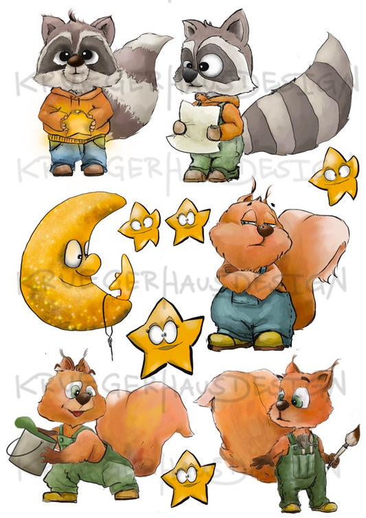 A4 Bügelbild Sternenflüsterer Waschbär, Eichhörnchen , mit Liebe illustriert