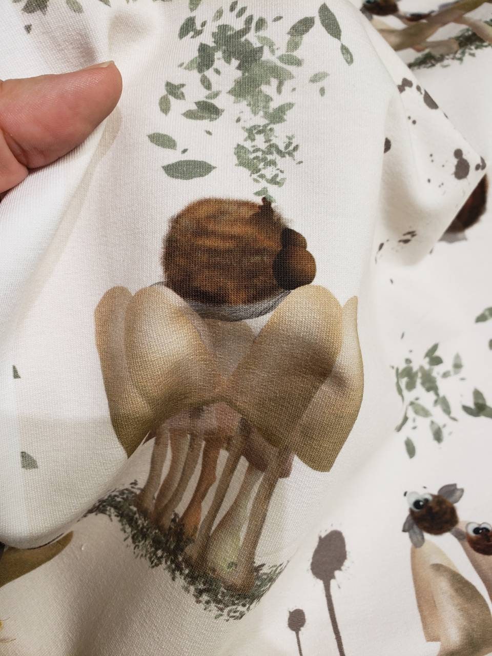 French Terry, Sommer Sweat, Stoff, Eigenzeichnung, Eigenproduktion,  Fliegen Pilze, creme braun