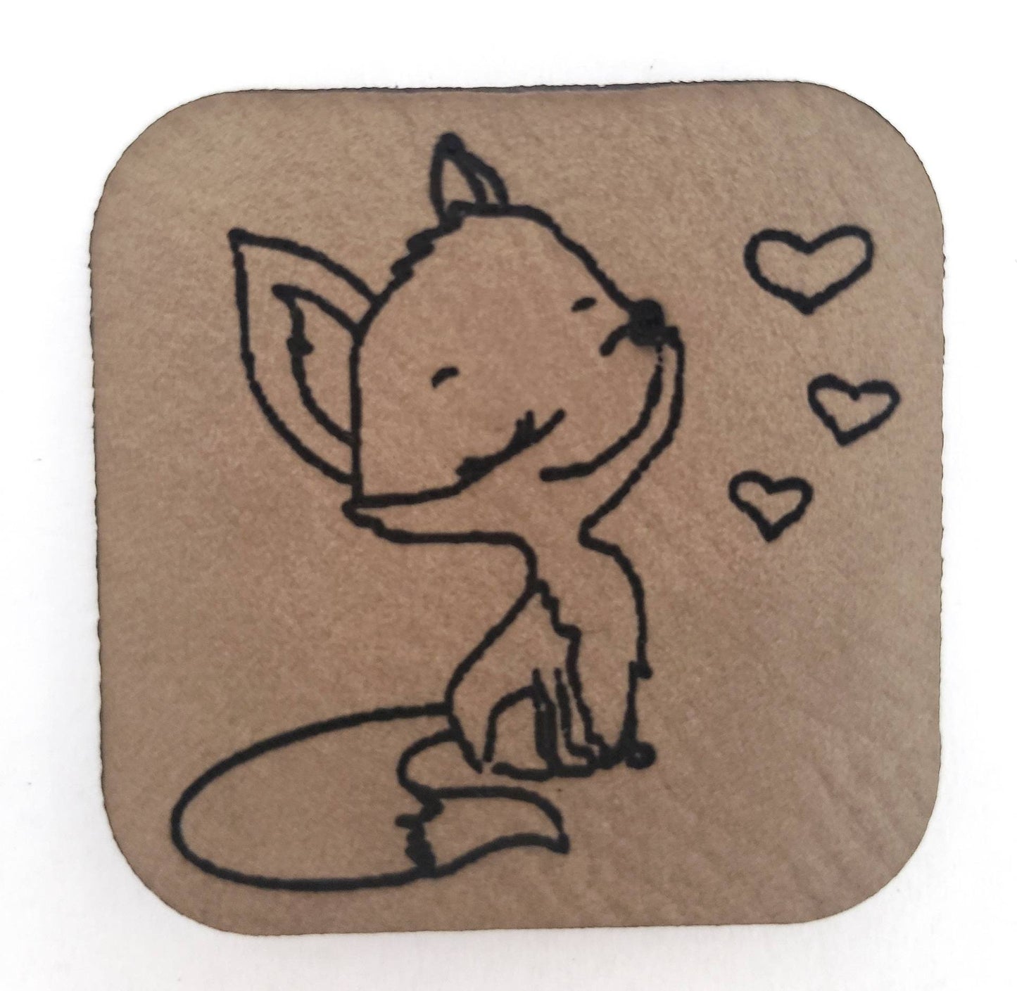 Kunstleder Label, Patch, Etikett, Aufnäher, Happy  Fuchs, rosa, mint, braun, blau, grau, beigebraun, bambus, schwarz