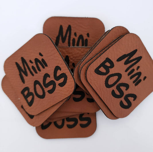 Kunstleder Label, Patch, Etikett, Aufnäher, Mini Boss, braun, bambus, schwarz, grau Laser graviert