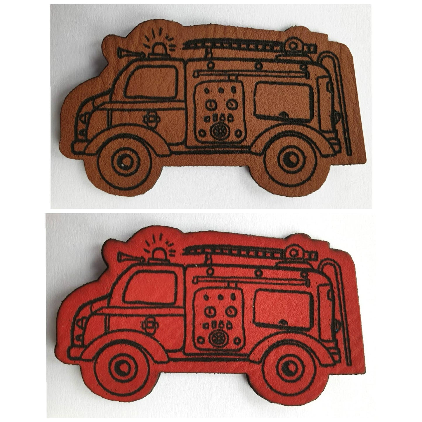 Kunstleder Label, Patch, Etikett, Aufnäher in rot oder braun Feuerwehr