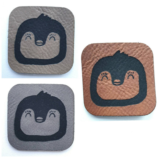 Kunstleder Label, Patch, Etikett, Aufnäher, grafischer Pinguin, Laser graviert, braun, grau, beigebraun, bambus, schwarz