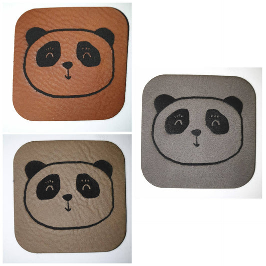 Kunstleder Label, Patch, Etikett, Aufnäher, grafischer Panda, Laser graviert, braun, grau, beigebraun, bambus, schwarz