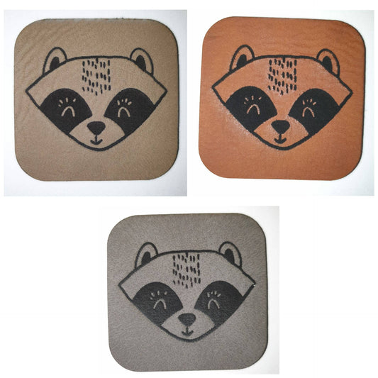 Kunstleder Label, Patch, Etikett, Aufnäher, Laser graviert, Grafik Waschbär, braun, grau, beigebraun, bambus, schwarz